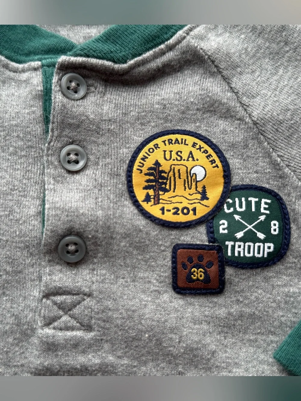 Carter’s Baby Boys Gray Henley Long Sleeve Bodysuit 3M Adventure Scout Patches